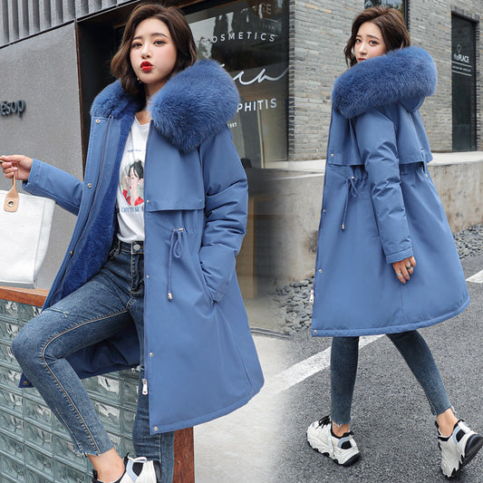 Korean version of long and medium length big fur collar with fleece jacket cotton jacket for women's fashion by eprolo