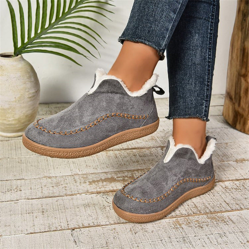 Fashion V-cut Plush Ankle Boots Winter Plus Velvet Flat Snow Boot Casual Warm Solid Suede Cotton Shoes For Women by DERILUJA LLC