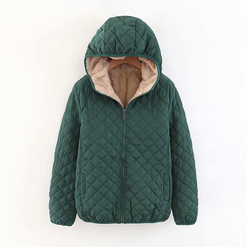 Women's Short Casual Padded Lamb Fleece Jacket by DERILUJA LLC