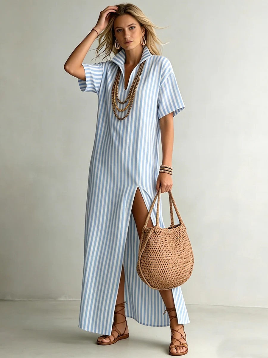 V-neck short sleeved striped split cotton linen dress by eprolo