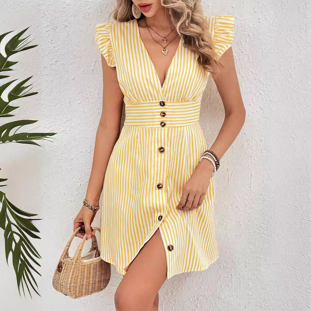 Summer V-neck Single-breasted Fly-sleeve Women's Shirt Dresses With Elegant Splicing Stripe Printing Beach Style Dress by DERILUJA LLC