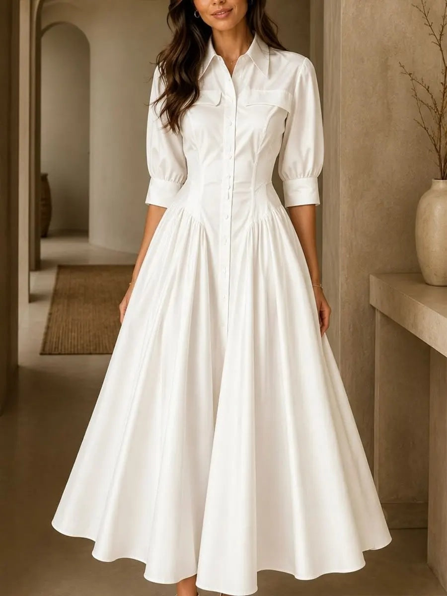 Cotton-linen Blend Single-breasted High-waisted Solid-color Dress by DERILUJA LLC