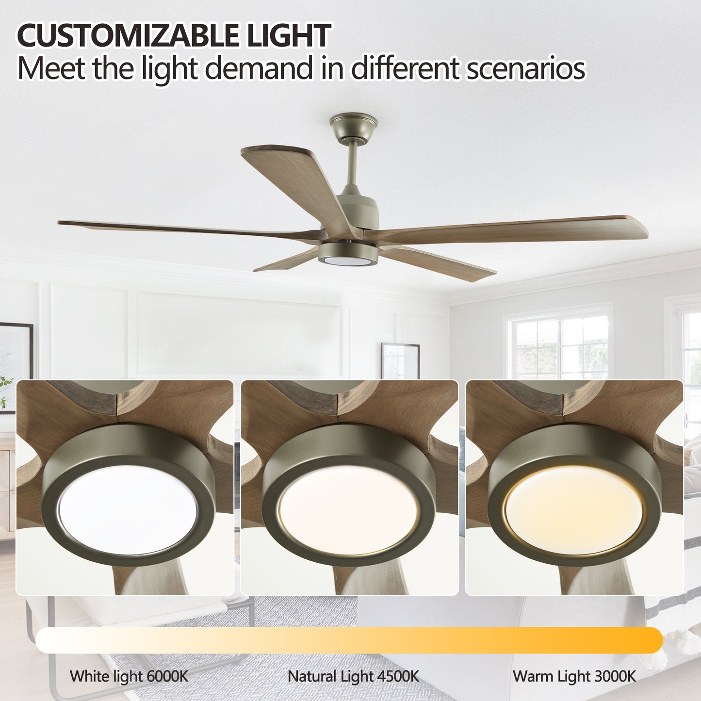 60 "modern wooden ceiling fan with lighting and remote control, 6-speed noiseless reversible DC motor ceiling fan by eprolo