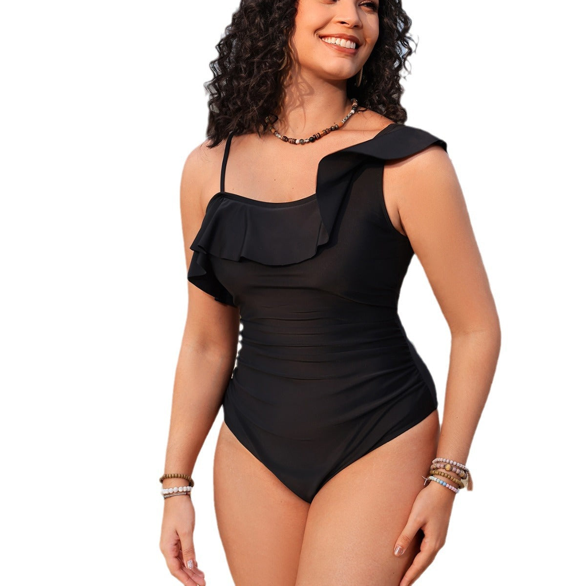 Single shoulder lace pleated one-piece swimsuit by eprolo