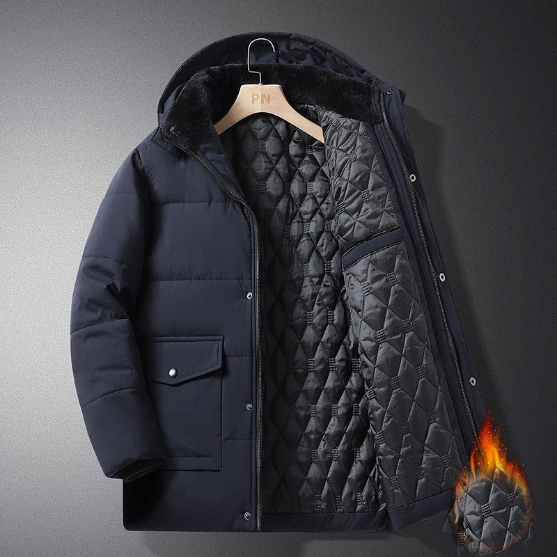 Coat men's winter new style with added velvet and thickened warm cotton clothing, business and leisure mid length hooded plus size men's cotton clothing by eprolo
