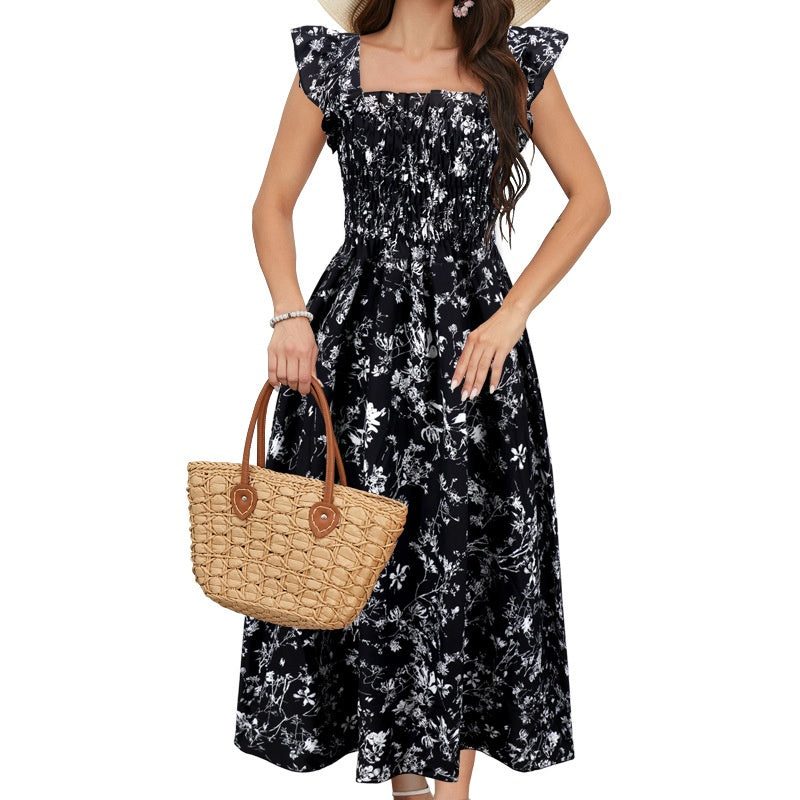 Printed Dress Square Collar A-line Long Dress by eprolo