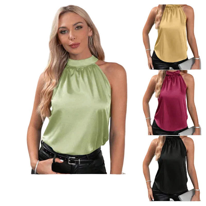 Amazon 2026 European and American Cross-Border Foreign Trade Summer New Satin Vest for Women, Solid Color Off-Shoulder Halter Neck Sleeveless Top by DERILUJA LLC