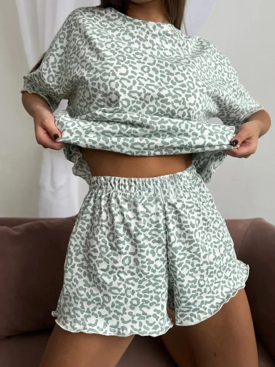 2026 Summer Sleepwear Women's Fashion Leopard Print Hottie Round Neck Short Sleeve Tops and Shorts Suit Pyjamas Homewear by DERILUJA LLC