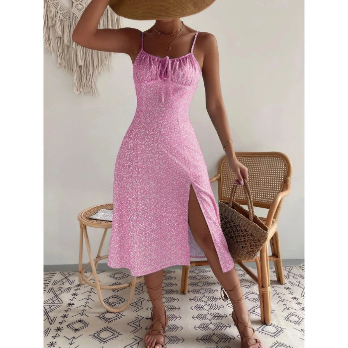 Dress Beach Style Floral Print Frock Lace-Up V-Neck Ruched Skirt Slit Hem Female Vestido by DERILUJA LLC