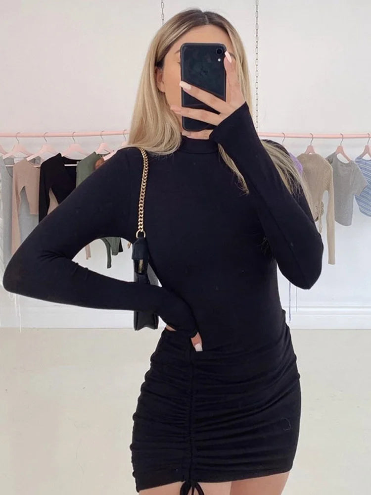 Long Sleeve Mini Dresses Autumn Black Skinny Stretchy Party by DERILUJA LLC