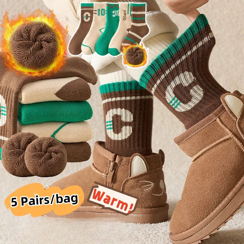 5 Pairs/lot Children's Winter Socks Warm Baby Child Thicken Cotton Socks Boys Terry Socks Letter Pattern Thermal Socks by DERILUJA LLC