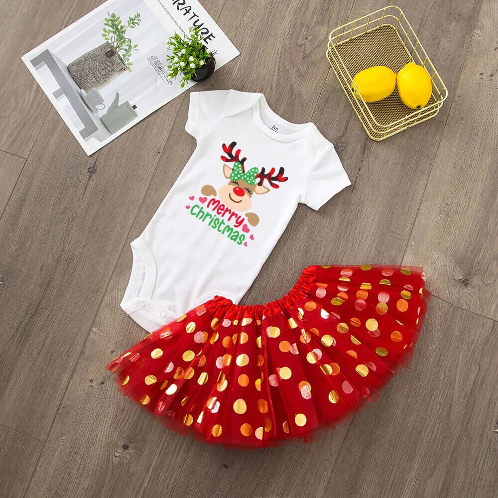 Deer Print Christmas Baby Romper & Tutu Set Christmas Girls Outfit Infant Baptism Short Sleeve Bodysuit Dress Xmas Outfits Skirt by DERILUJA LLC