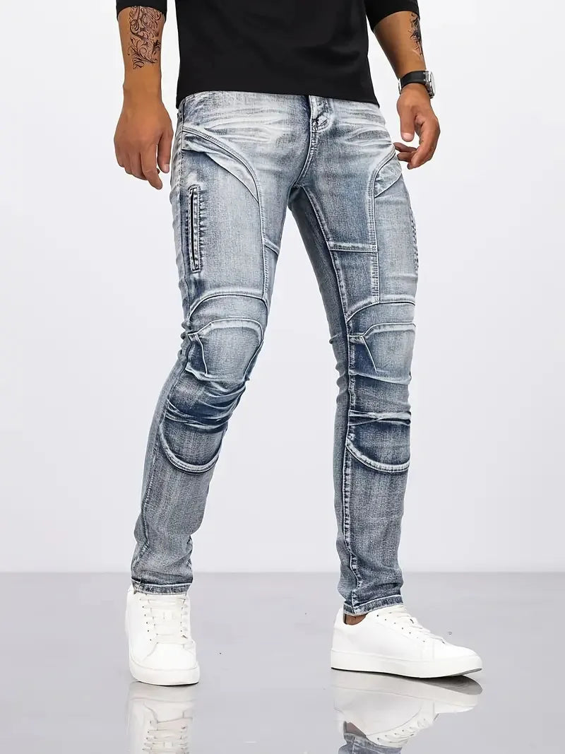 Two tone distressed patchwork jeans for men trendy jeans for summer thin straight leg pants slim fit small leg distressed jeans by DERILUJA LLC