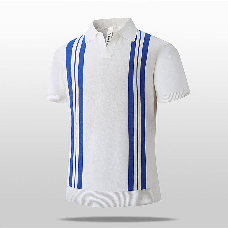 Icy-cool Striped Knitted Short-sleeve Mens Top by DERILUJA LLC