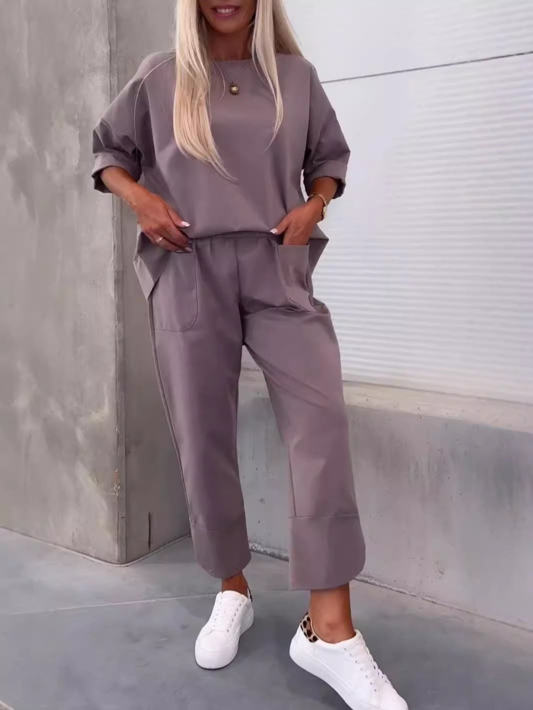 Two-piece Solid Color Round Neck Cropped Pants Set by My Store