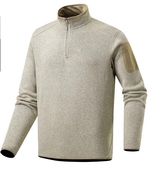 Men Quarter Zip Knit Fleece Pullover, Stand Collar Long Sleeve Sweater Jacket, Arm Zip Pocket, Warm Mid Layer For Hiking Camping Urban Daily Wear by DERILUJA LLC