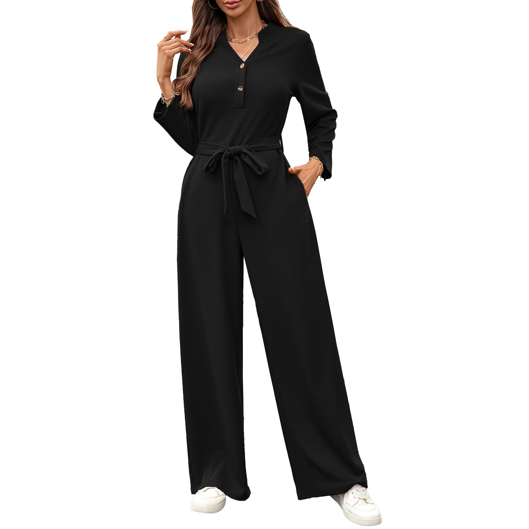 Solid color high waisted button up long sleeved loose jumpsuit by eprolo