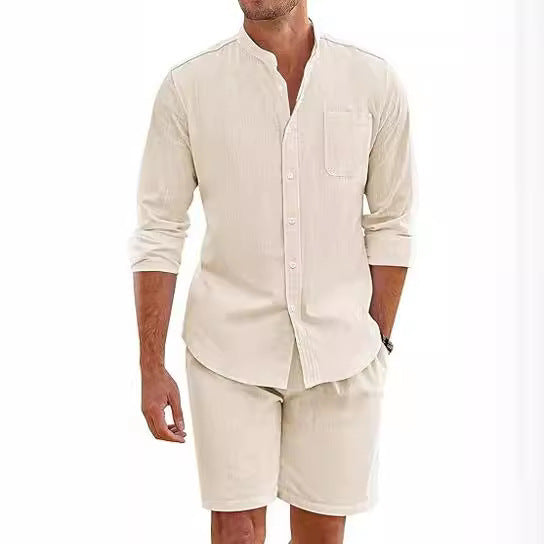 Casual Men's Summer Two-Piece Set Polyester Button-Up Long Sleeve Shirt and Shorts Cardigan Simple Leisure Beachwear by eprolo