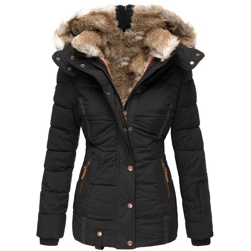 New Winter Warm Wool Collar Cotton Coat Women's Zipper Long Sleeve Slim Fit Cotton Coat Coat Hooded Coat by eprolo