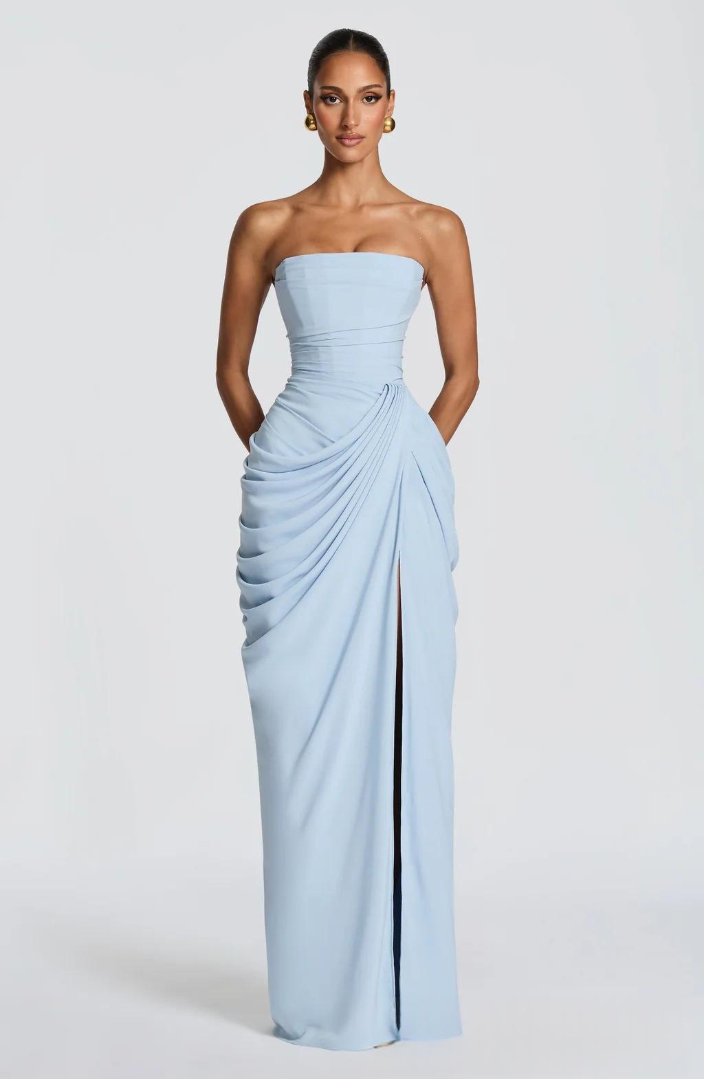 French Style Romantic Strapless Pleated Slit Dress - Women's Elegant Evening Gown For Summer Party Wedding Dresses by DERILUJA LLC