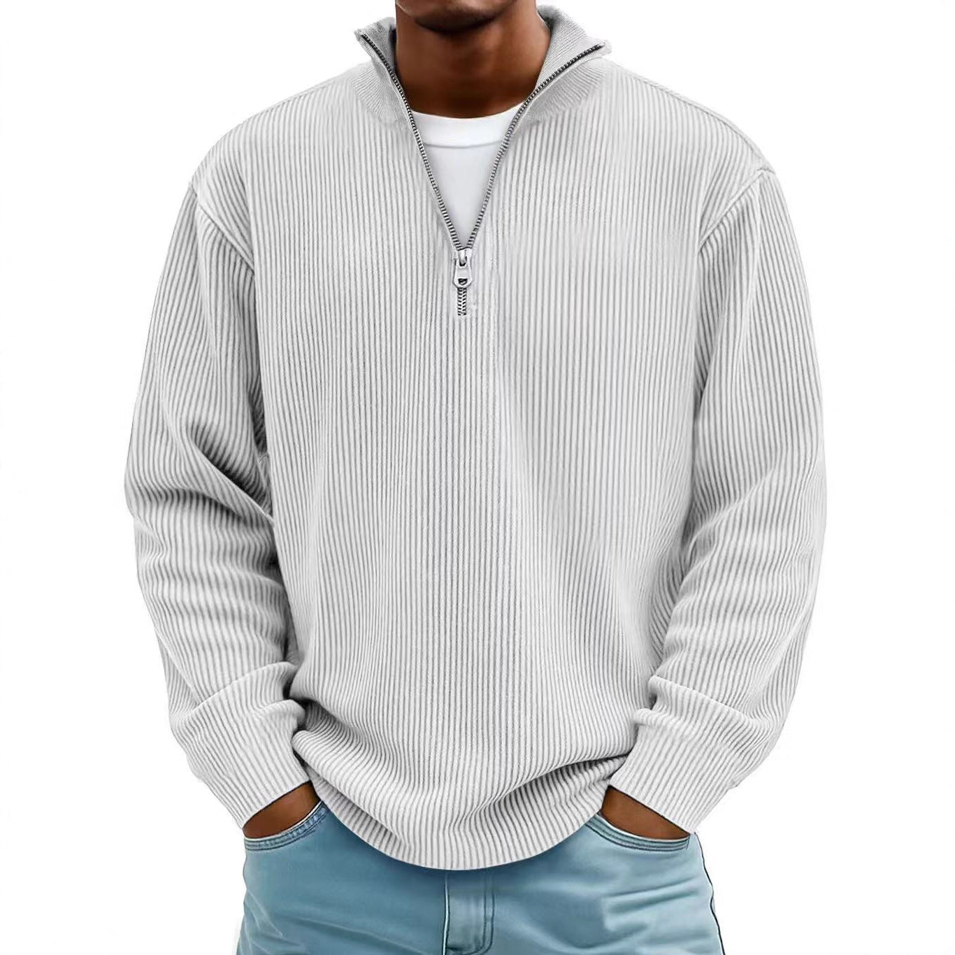 Corduroy Zipper Stand Collar Sweatshirt Fashion Warm Solid Color Long Sleeve Top Men's Casual Polo Shirt Clothing by My Store