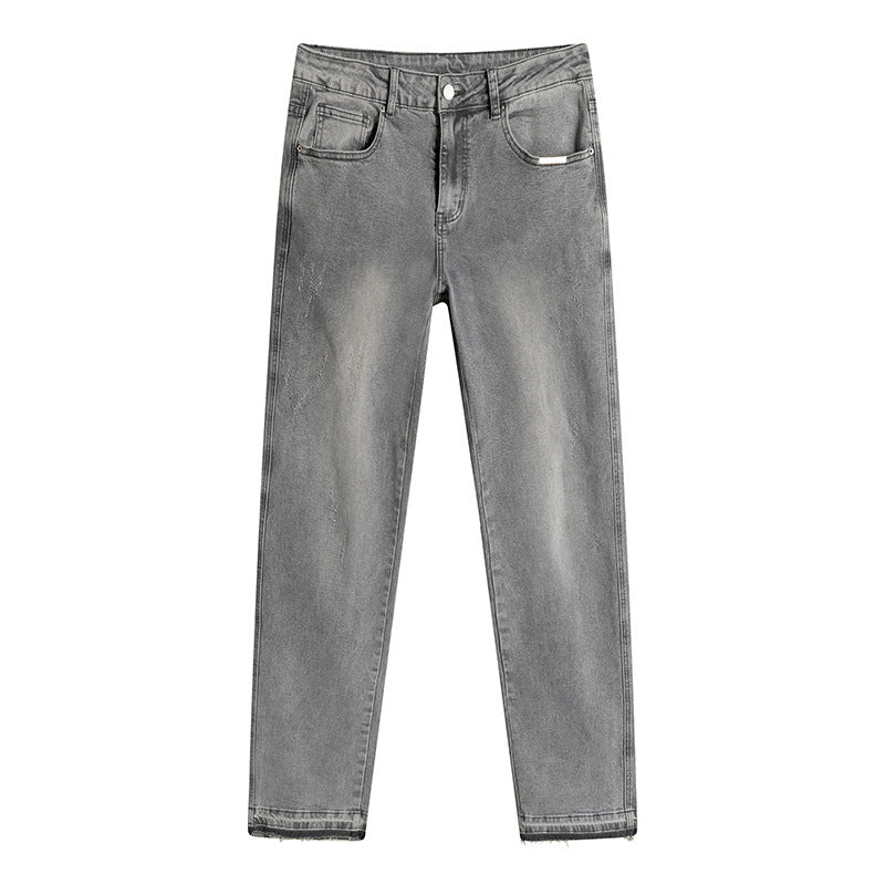 High-Quality Washed Light Gray Distressed Solid Color Denim Jeans with Raw Hem, Basic Casual Long Pants