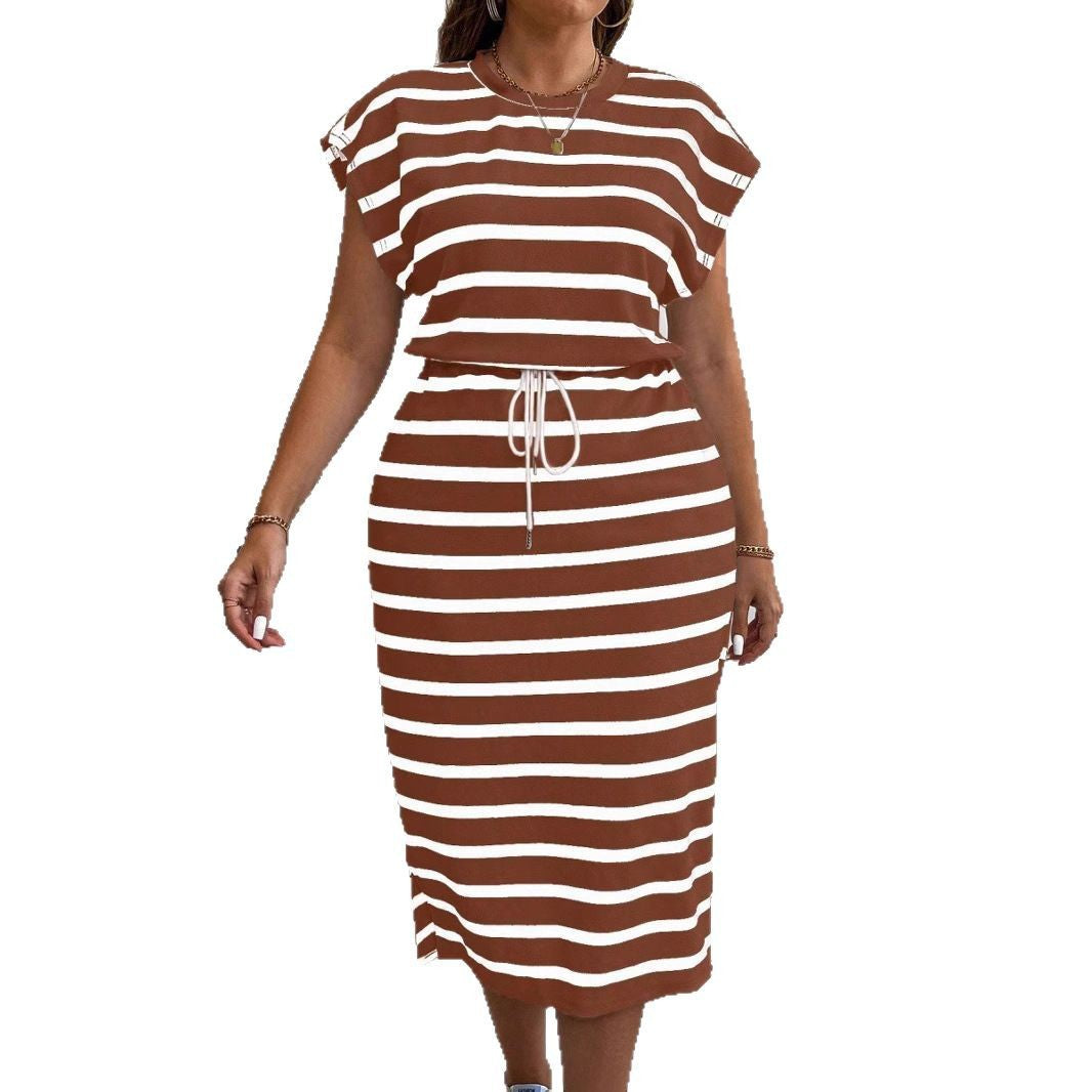 Round Neck Printed Tether Short Sleeve Dress by DERILUJA LLC