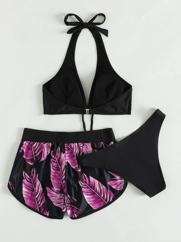 3pcs Leaf Print Bikini With Shorts Fashion Summer Beach Swimsuit Womens Clothing by DERILUJA LLC
