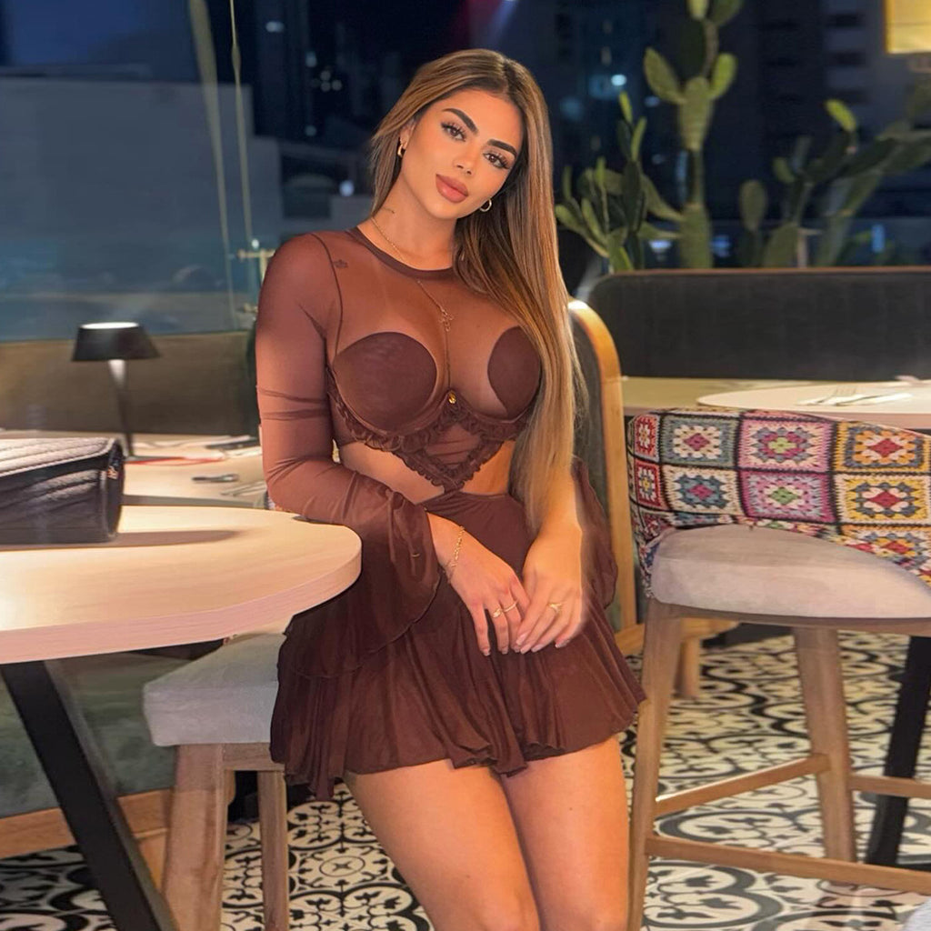 Creative Sexy Mesh Spliced Sheer Long Sleeve Dress