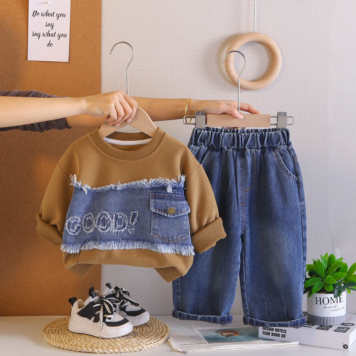 Splicing denim letter hoodie spring long sleeved two-piece set by eprolo