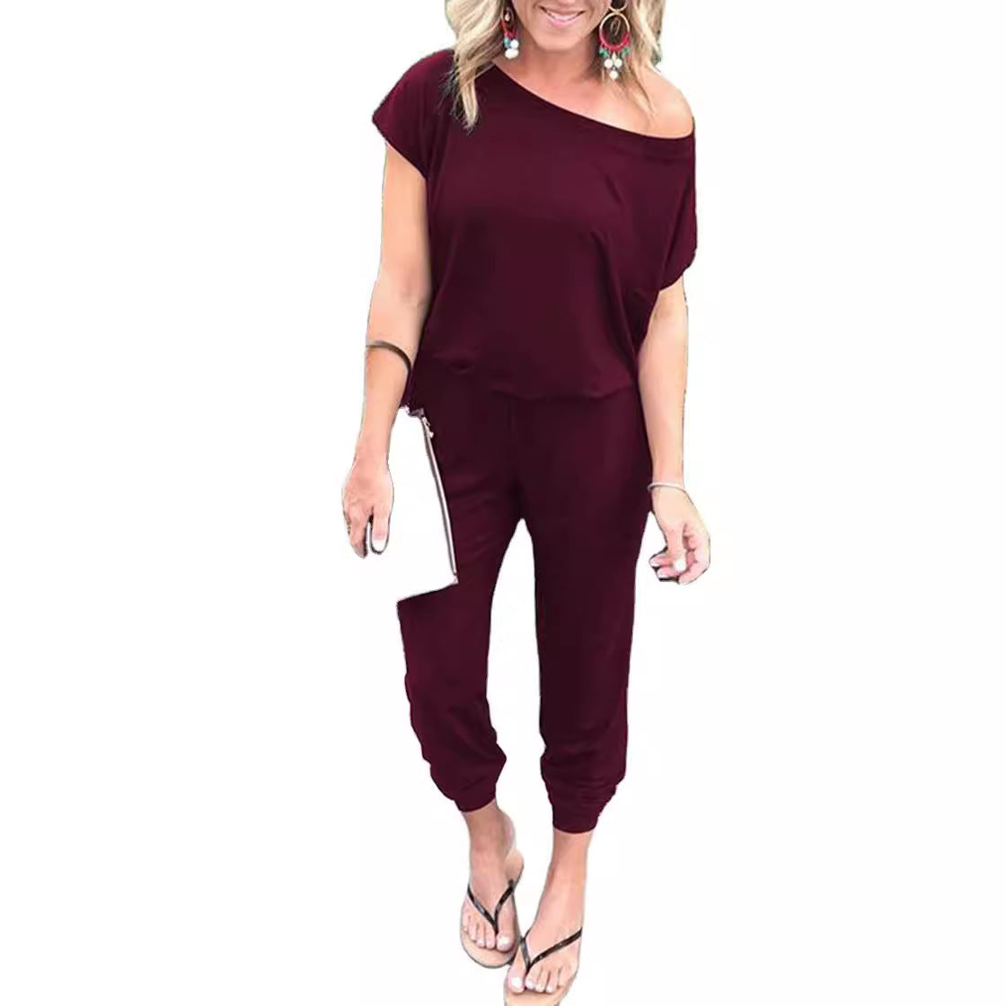 Fashionable Asymmetrical Shoulder Short Sleeve Pocket Women's Jumpsuit in 6 Colors