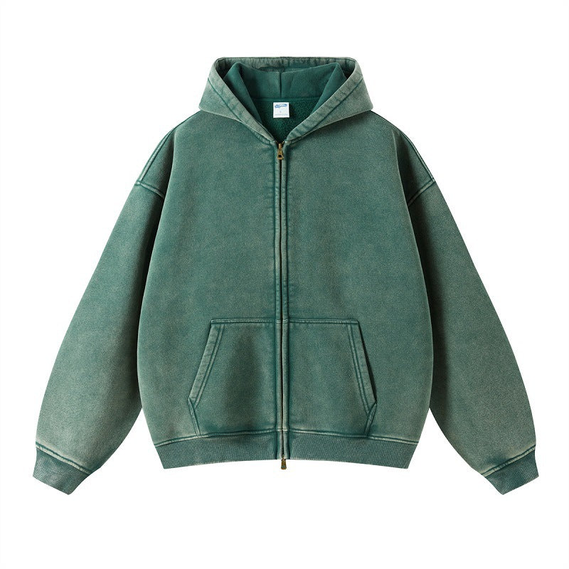 Solid color distressed fleece hoodie loose and versatile washed zipper sweatshirt for men by eprolo