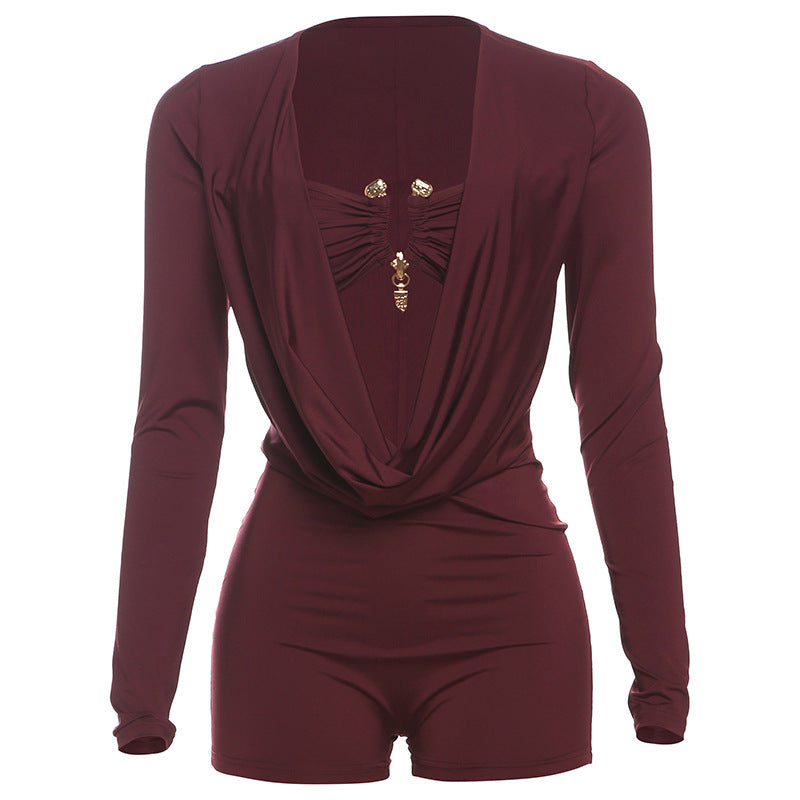 Spring Summer New Individual Street Deep V Low Cut Solid Color Slim Fit Bodycon Jumpsuit by eprolo