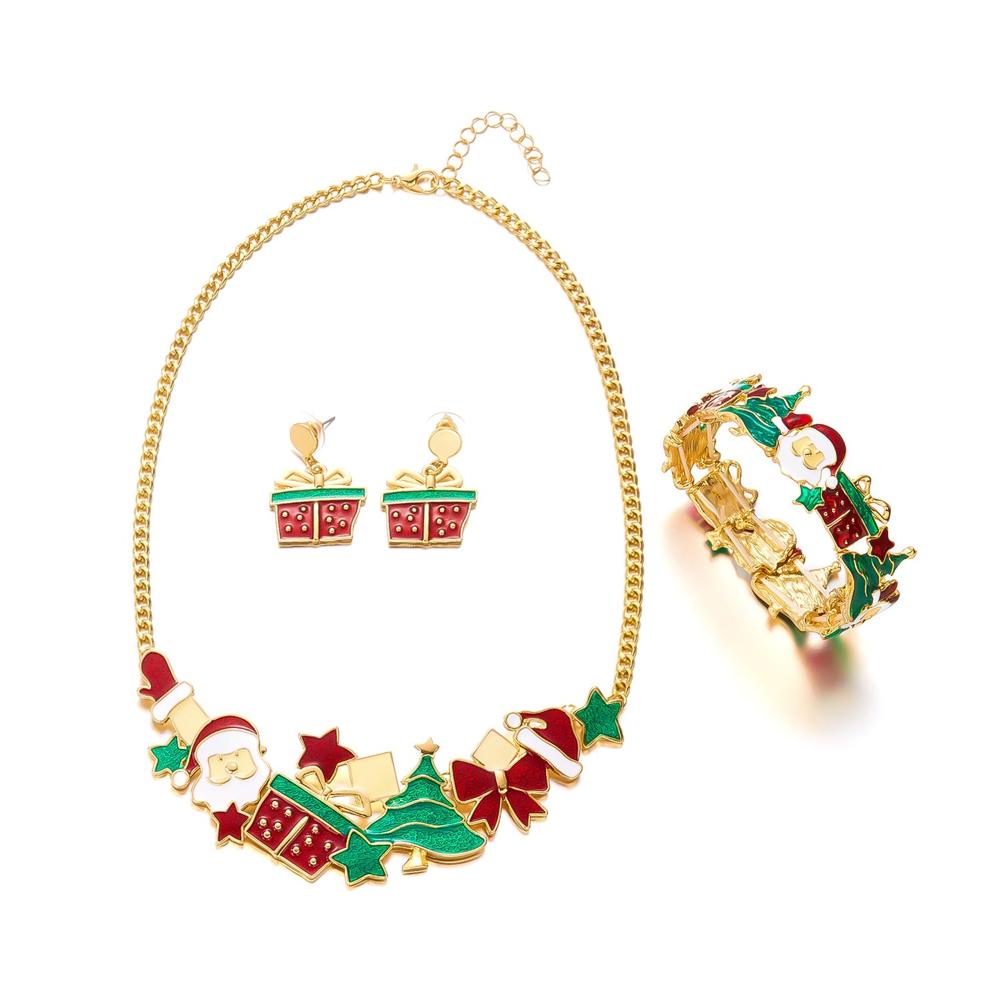 Style Christmas Necklace Gift Set, Santa Claus &amp; Christmas Tree Pendant, Cute Cartoon Holiday Jewelry, Neck and Wrist Accessories by eprolo