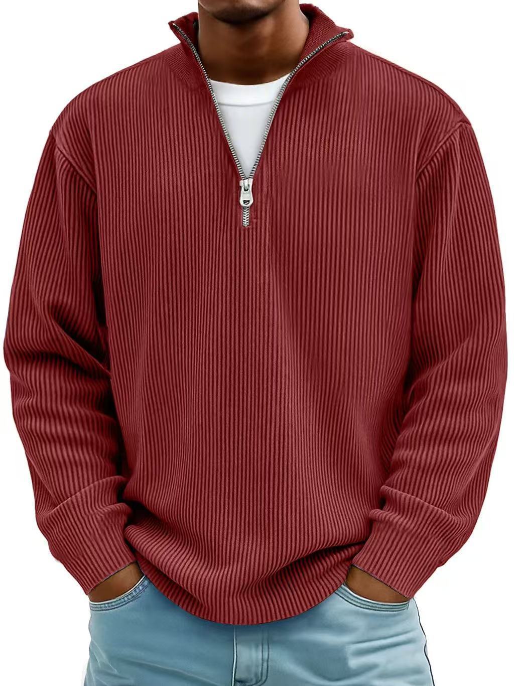 Corduroy Zipper Stand Collar Sweatshirt Fashion Warm Solid Color Long Sleeve Top Men's Casual Polo Shirt Clothing by My Store