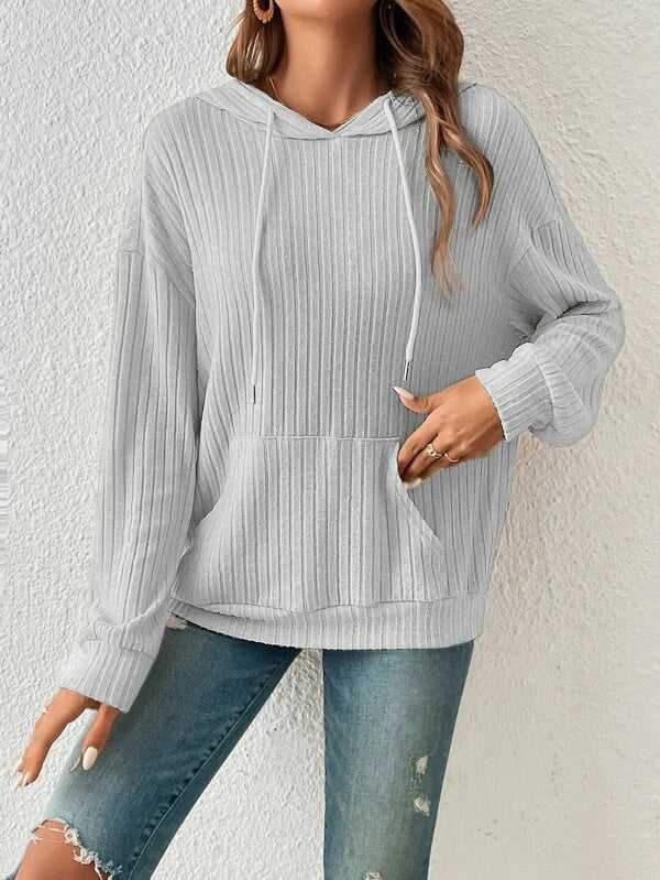 Fashion Drawstring Long-sleeved Hooded Sweatshirt With Pockets Solid Sunken Stripe Hoodie Knitwear Womens Clothing by DERILUJA LLC