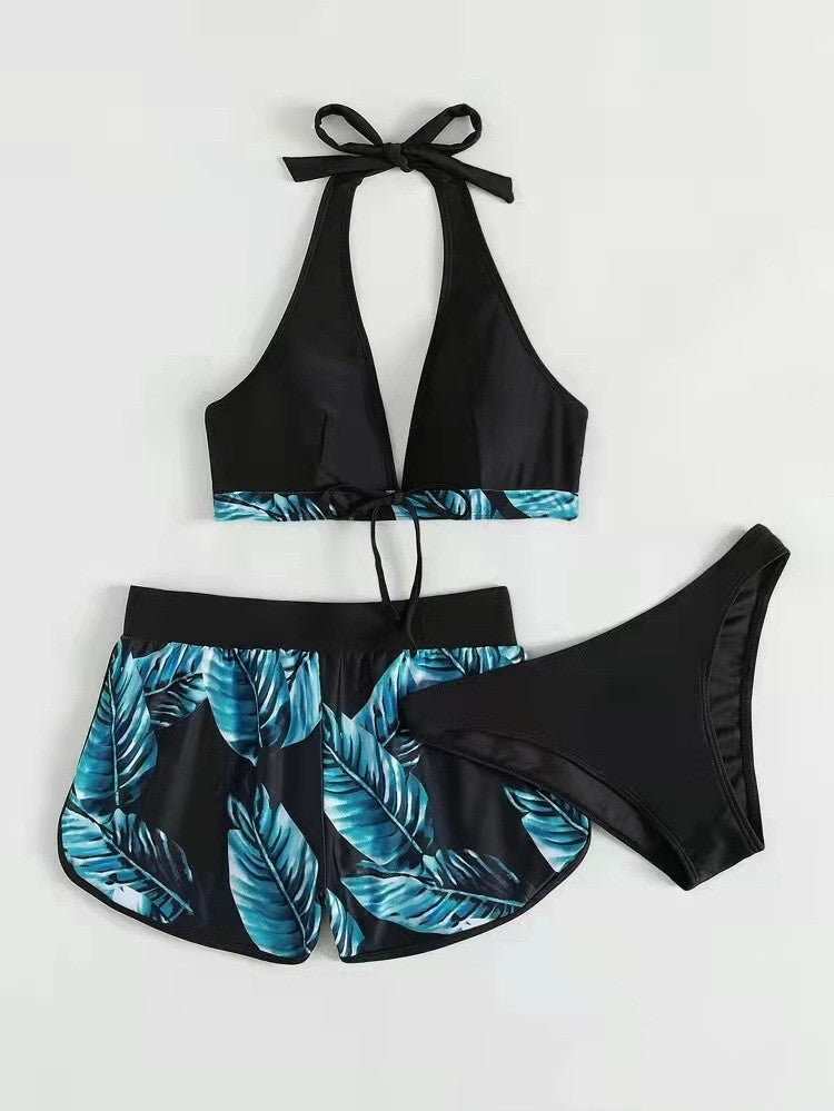 3pcs Leaf Print Bikini With Shorts Fashion Summer Beach Swimsuit Womens Clothing by DERILUJA LLC
