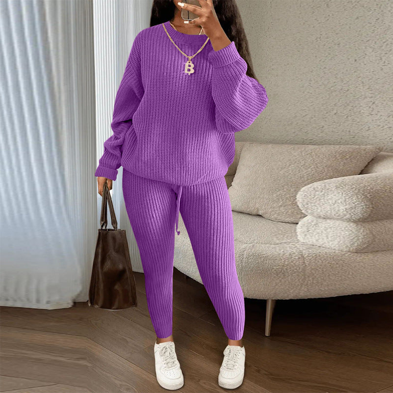 Winter Ribbed Knit Suits Fashion Loose Pullover Sweater Top And Drawstring Pants For Women Trouser Set Clothing by My Store