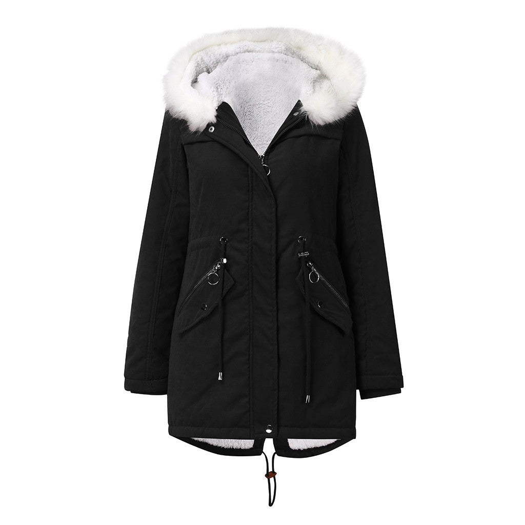 Women's Cotton-padded Coat White Fur Collar Parka by My Store
