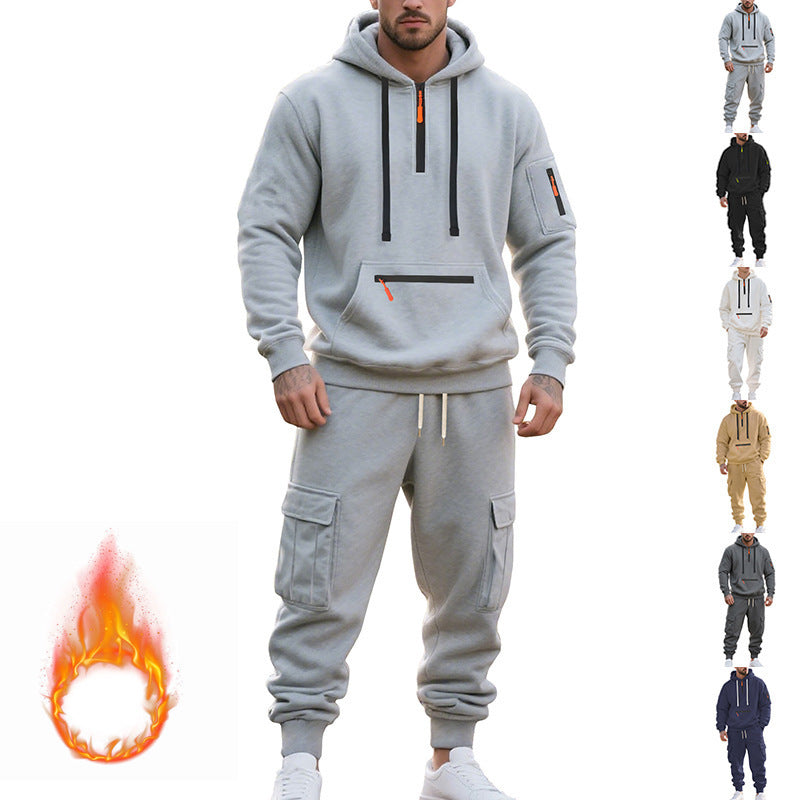 Men's Loose Sports And Leisure Suit Sweater Fleece-lined Hoodie Set Zipper Multi-Pocket Pullover Men's Sports Casual Top Two-piece Set by My Store