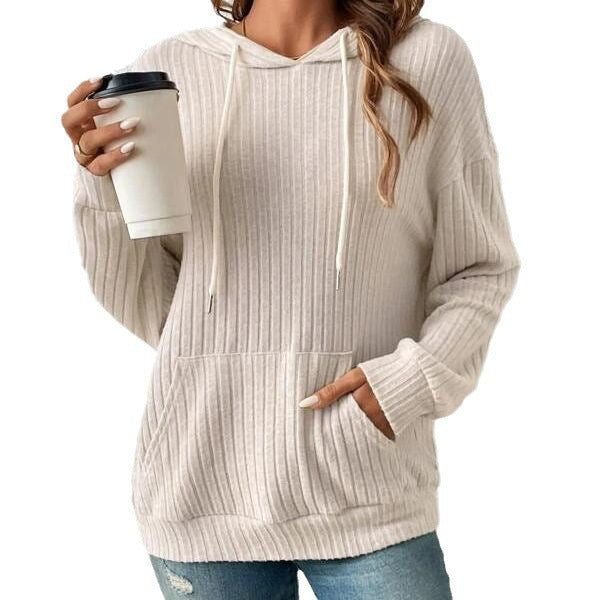 Fashion Drawstring Long-sleeved Hooded Sweatshirt With Pockets Solid Sunken Stripe Hoodie Knitwear Womens Clothing by DERILUJA LLC