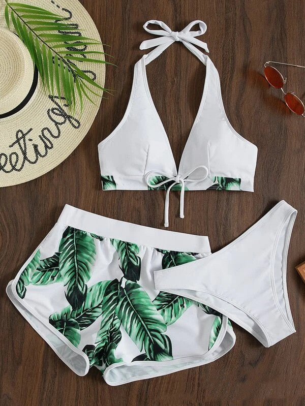 3pcs Leaf Print Bikini With Shorts Fashion Summer Beach Swimsuit Womens Clothing by DERILUJA LLC