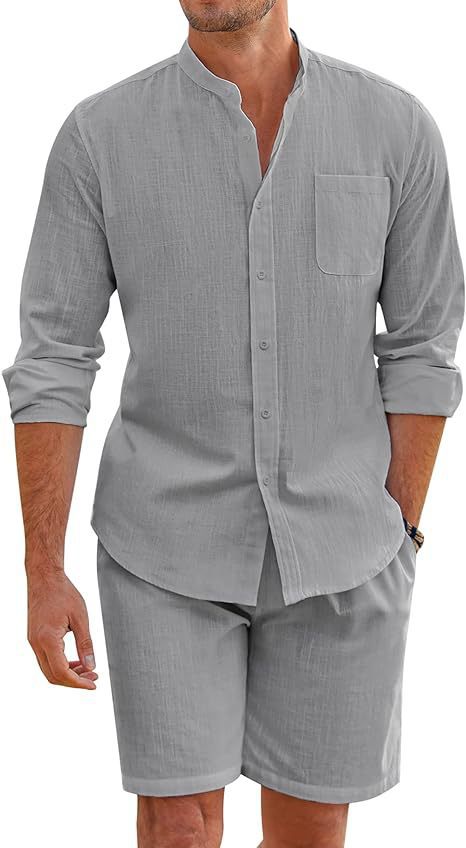 Casual Men's Summer Two-Piece Set Polyester Button-Up Long Sleeve Shirt and Shorts Cardigan Simple Leisure Beachwear by eprolo