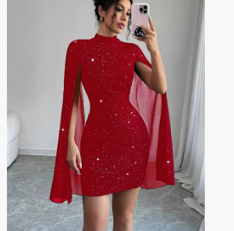 Women's Sexy Elegant Evening Party Dresses Round Neck Pit Stripe Pearl Chiffon Cape Sleeve Wrapped Hip Dress by DERILUJA LLC