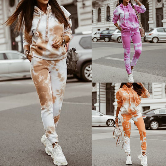 Tie-dyed loose hooded sweater set by DERILUJA LLC