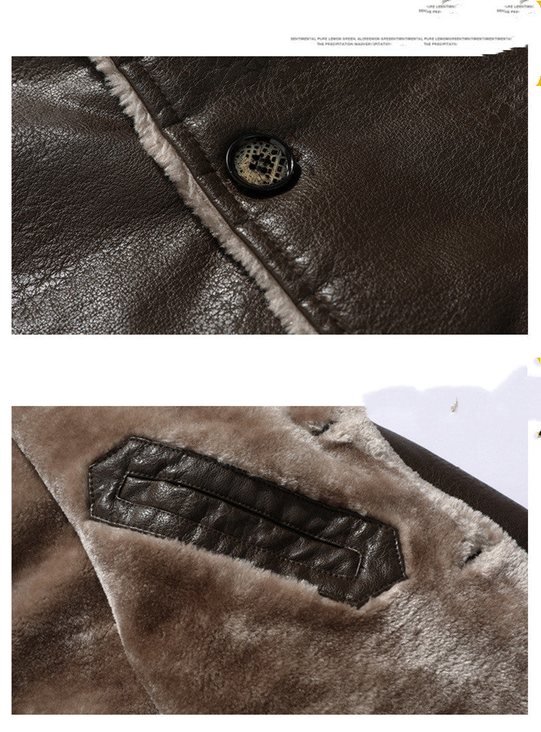 Plush Lapel Leather Jacket Winter Warm Fleece Single-breasted Coat For Men Long Clothing by DERILUJA LLC