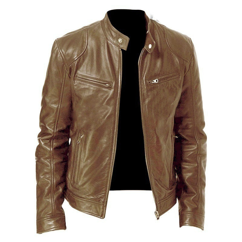Men's Zip-up Cardigan PU Leather Jacket Fashion Pockets Stand Collar Short Tops Clothing by My Store