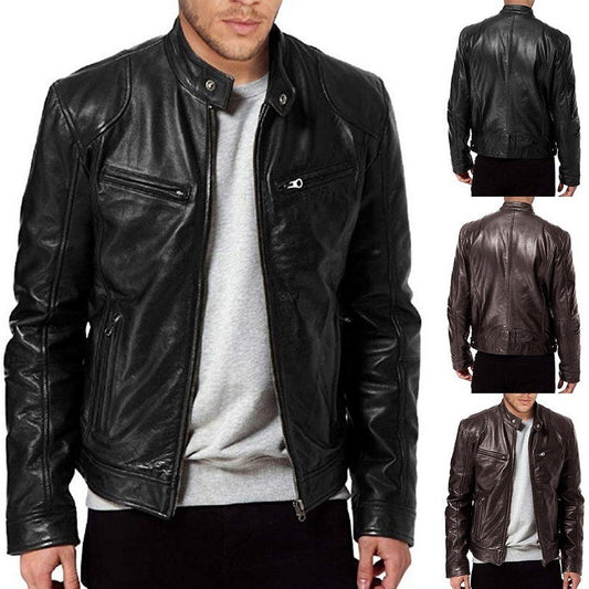 Men's Zip-up Cardigan PU Leather Jacket Fashion Pockets Stand Collar Short Tops Clothing by My Store