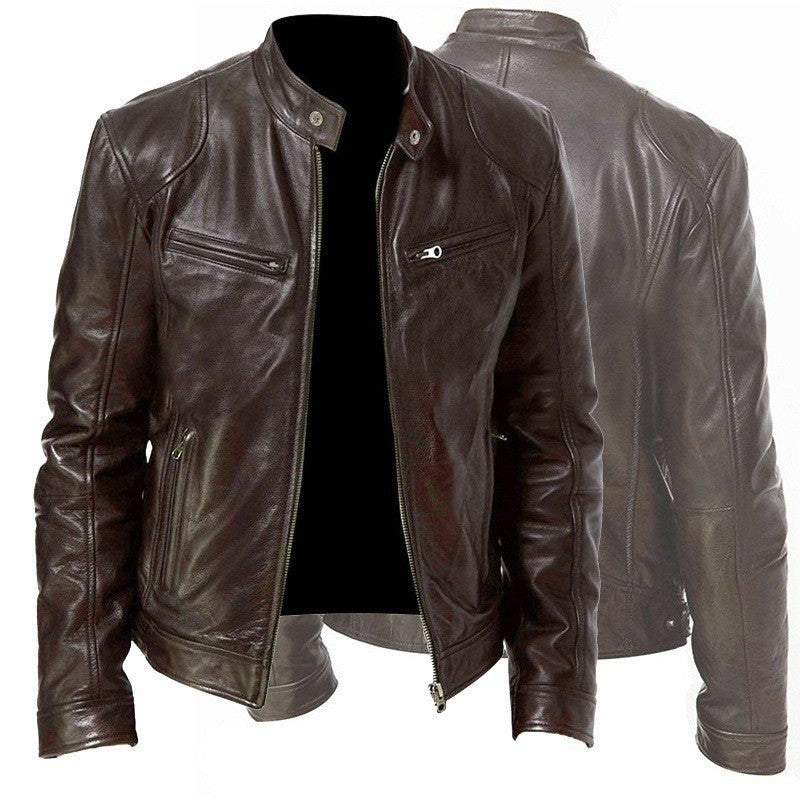 Men's Zip-up Cardigan PU Leather Jacket Fashion Pockets Stand Collar Short Tops Clothing by My Store