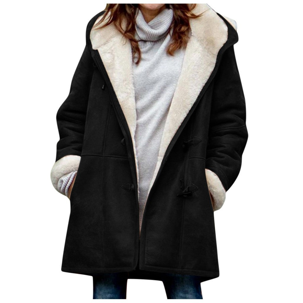 Winter Vintage Button Jackets Women's Warm Fleece Hooded Coat Casual Mid-Length Trench Top Outwear Clothing by DERILUJA LLC